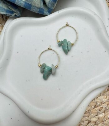 Edelstein Creolen Lura | Grün Gold | Amazonit Chips Ohrringe vergoldet | Boho Schmuck Geschenk für Sie | Naturstein Hoops handmade