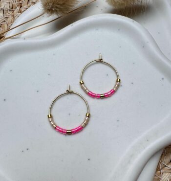 Miyuki Creolen Pink und Beige, Goldene Edelstahl Ohrringe, Boho Schmuck, Geschenk für Sie, Neon Creolen
