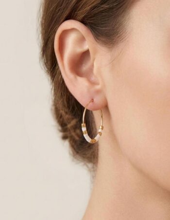 Gold Creolen 20mm mit Miyuki Perlen | Zarte Perlencreolen Edelstahl vergoldet | Minimalistische Ohrringe Weiß Gold | Geschenk für Sie