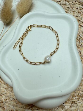 Perlenarmband Gold Edelstahl mit Suesswasserperle

Edelstahl-Gliederarmband mit echter Barockperle, wasserfest, verstellbar.